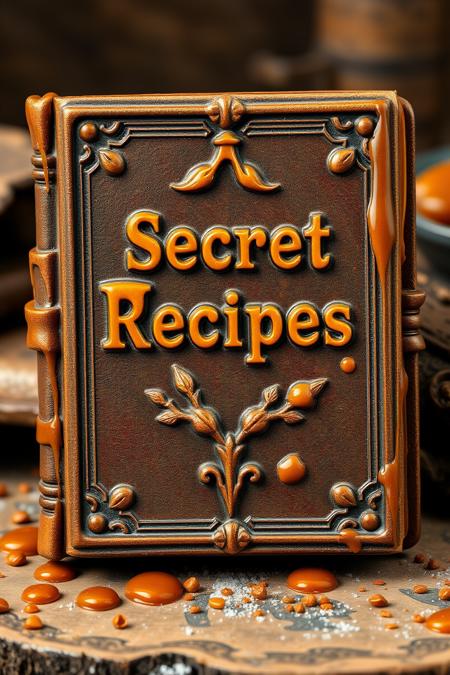 book with caramel letters, ancient book with the title "Secret Recipes", product shot, highly detailed, rich decorations, caraf, 