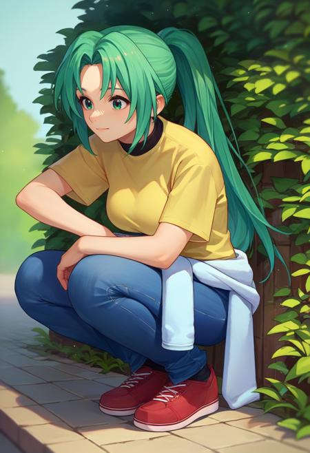 Mion Sonozaki, green eyes, ponytail, green hair white shirt, red necktie, yellow vest, red skirt yellow T-shirt,white clothes around waist, jeans