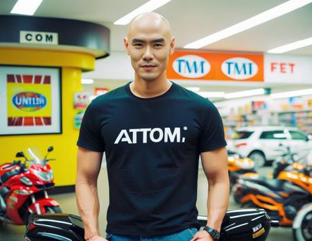 Create an image that features a bald man standing confidently at the entrance of a convenience store, with a heavy motorcycle parked nearby. The man is wearing a black polo shirt, prominently displaying the word 'ATOM' in bold, white letters across the chest. His stance is relaxed but assertive, perhaps with one hand resting on the motorcycle or in his pocket. The convenience store should be depicted with recognizable features such as signage, glass doors, or product displays. The motorcycle should be detailed, reflecting its heavy and powerful appearance. The overall scene should be well-composed, with a focus on the man, his unique shirt, and the motorcycle, capturing a moment of casual urban life,<lora:htm:0.75>