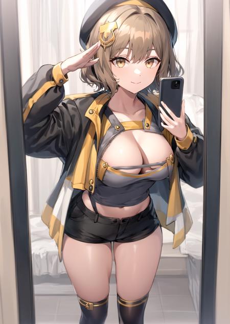 masterpiece, highres,  shorts, short shorts, open jacket, grey shirt, 1girl, yellow eyes, medium breasts, (salute:1.3), beret, anis \(nikke\), cleavage, mirror, selfie, holding phone, black legwear, standing, (smile:1.3), closed mouth, hair ornament,  <lora:Anis-10:1>  <lora:MirrorSelfiePove:0.7>