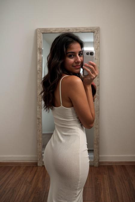 candid amateur petite small person pakistani woman, yellow dsruched maxi dress, spaghetti straps, v neckline, knowing smile, teeth, flirty, blushing, sensual, playful, <lora:Smol2:0.4> (smol2:1.2), <lora:add_detail:0.5>, <lora:real_skin:0.5> skin, dglatte, <lora:AmateurMadnessREMIX-20:0.5>, <lora:left side position,:1> lside, left side , heels, <lora:retromanba:0.3> Yamanba (dark skin), RAW photo, 8k uhd, dslr, soft lighting, high quality, film grain, Fujifilm XT3, lr, Vision/Background/Ancient-Abandoned-Castle, back view, low angle, posed, profesional, epic, stylistic, epic, portrait, mirror selfie
