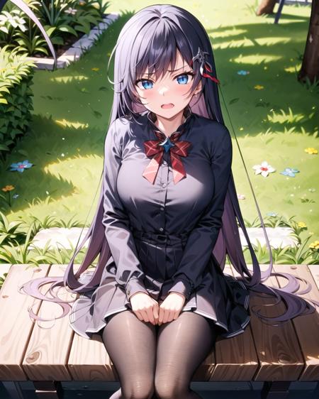 masterpiece, best quality, ultra-detailed, illustration, warm lighting, bright colors, 1girl,solo, long hair, very long hair, rosaria le friede,

black hair, blue eyes, black dress, black pantyhose,

school uniform, sitting, outdoors, t-shirt, casual wear, annoyed,


 <lora:Rosa:0.60>