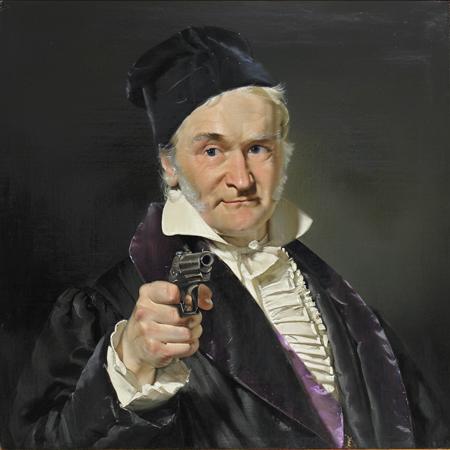 realistic painting of <lora:Gauss2XL-000020:0.84> ((xxxCFGxxx)) ((pointing a pistol at the viewer)), (sideburns), 19'th century black coat with purple collar and a white 19'th century shirt underneath, blue eyes, smile, black hat