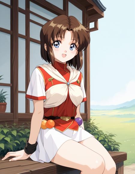 lilith (megami paradise), brown hair, short hair, blue eyes, light yellow neckerchief, short sleeves, wristband, white_skirt, white_ miniskirt, belt, socks, brown_footwear, 1990s (style), retro artstyle,