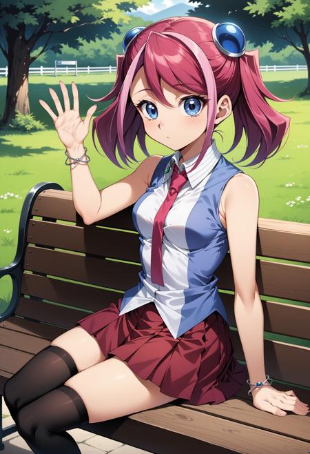 aayuzu, multicolored hair, pink hair, short twintails, hair ornament, blue eyes, small breasts, school uniform, pink necktie, sleeveless shirt, multicolored shirt, bracelet, pleated skirt, red skirt, thighhighs