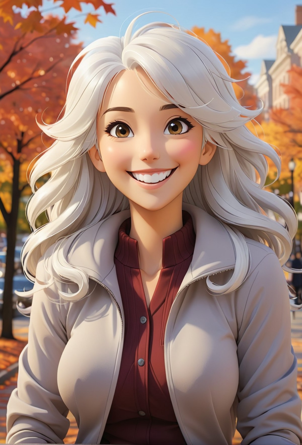 (anime niji illustration :1.3), extremely content happy smile, A fit white haired woman in Alexandria, Virginia in autumn ...