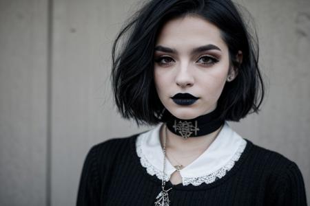 Teen brunnete nordic goth girl | tattoo | dark | Adult | On street | High quality | gothic makeup | realistic | informal | cute girl | bob cut hair | choker | solo | black hair