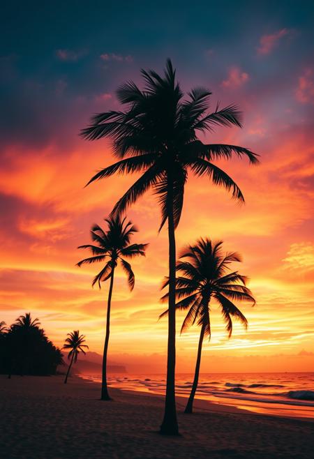 Vibrant beach scene at sunset, stunning orange and pink hues in the sky, silhouetted palm trees swaying gently in the breeze, tranquil atmosphere, high detail, cinematic lighting