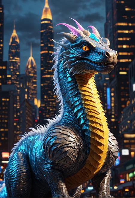 A Glimmerwurm, rare creature, bioluminescent stripes, shimmering silver fur, photorealistic rendering. Cityscape background, towering skyscrapers, neon lights, vibrant colors, warm golden light, soft shadows. Camera angle: low-angle shot from below. Drawing style: Realistic, Impressionist, Watercolor. High-quality, 4K, detailed, ultra HD illustration of the Glimmerwurm amidst a bustling cityscape. Best quality, professional, Portrait, photo shoot,