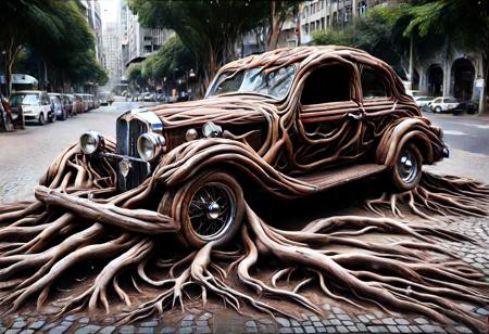 morph-treeroots , vintage car,polished chrome details,classic style design,in city,photography<lora:tree roots_0_100_V1-000008:1>