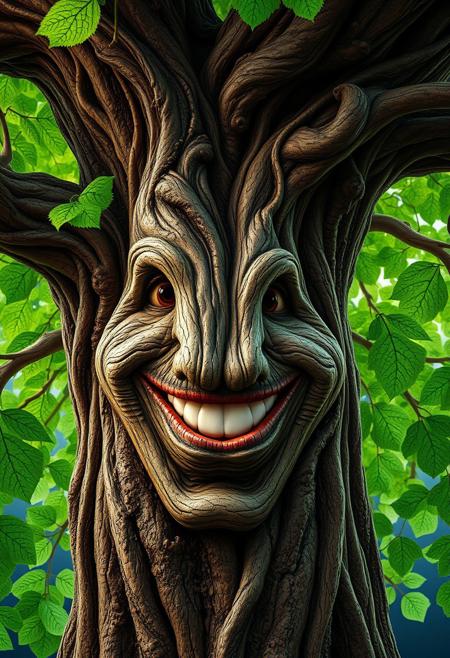 "A vibrant, hyper-realistic image of a tree with a mouth, smiling in a playful, cheeky gesture. The tree's mouth is a wide, lipless slit. The tree's bark is rough and gnarled, with intricate, swirling patterns that seem to shift and writhe like living wood. The leaves are a vibrant, electric green, with delicate, lacy textures that seem to glow with an inner light. The overall effect is one of whimsical, surreal wonder, as if the tree has come to life and is now playing a prank on the viewer." highest-Quality, intricate details, visually stunning, Masterpiece