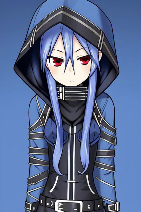 ethel blue hair long hair red eyes hooded jacket short dress striped clothes fingerless gloves sleeves past wrists belt thigh strap striped thighhighs boots