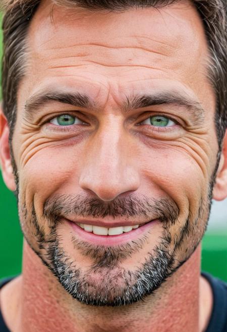 man, male, AndrwTggrt, face shot, 42 years old, looking at viewer, handsome, beautiful, attractive,  green eyes, brown hair, smile, eyebrow's piercing