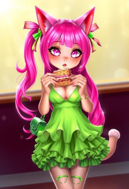 Realistic anime. 3d Pixar , Cat girl with neon pink hair that reaches the floor, sparkling pale pink eyes, voluptious, big boobs, wearing a short, slutty, green sundress with a ridiculous amount of frilly ruffles on the hem, cleavage, cute face, ribbons in hair, green Mary Jane shoes, green cross body purse, she is eating a whole cake with her bare hands. glow, god rays, ethereal, dreamy, heavenly, otherworldly, dream-like, breathtaking, captivating, divine, Bioluminescent,