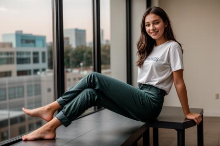 full body,photo of a 18 year old girl,sitting on a surface with legs dangling,happy,laughing,shirt,pants,ray tracing,detail shadow,shot on Fujifilm X-T4,85mm f1.2,sharp focus,depth of field,blurry background,bokeh,motion blur,<lora:add_detail:1>,