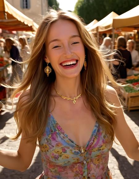 In a vibrant afternoon at an open-air market in Provence, France, the radiant Miacollinsss is captured mid-smile as she effortlessly twirls her long chestnut hair and blonde highlights, adorned with intricate gold jewelry that glints under the warm sunlight, against a backdrop of bustling stalls filled with colorful fabrics, fresh produce, and aromatic spices. The camera angle is slightly above, emphasizing the elegance of her pose and the playful sparkle in her closed-mouth smile.