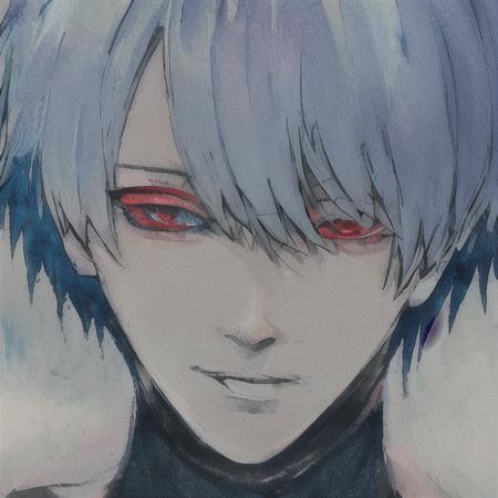 (kaneki ken), 1boy,flamboyant, style of sui ishida, tokyo ghoul, zoomed in on face, focused on face, blue highlights,looking at viewer,watercolor, aristocratic youth,  <lora:TKG_Sui Ishida:1> <lora:Kaneki Ken:1>