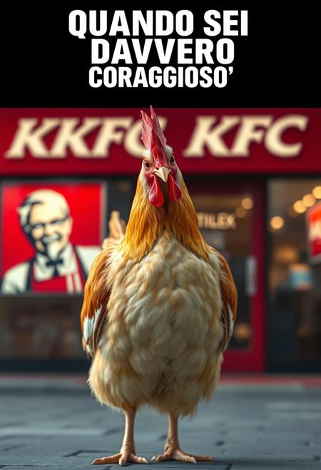 “A realistic, detailed chicken standing confidently in front of a KFC restaurant. The chicken has bright feathers, a sharp gaze, and a proud stance as if aware of its surroundings. The KFC logo is visible in the background, slightly blurred for depth. The scene is captured in a cinematic style with balanced lighting, slightly warm tones, and a shallow depth of field. The image should have high detail in the feathers and a slightly humorous undertone, emphasizing the irony of the setting. Overlay text in bold white font with black outline at the top: ‘QUANDO SEI DAVVERO CORAGGIOSO’.”