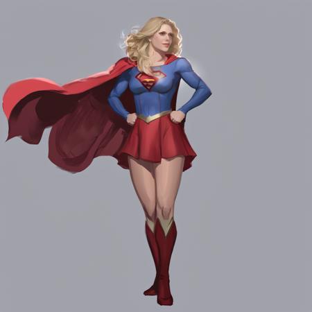 full-length full-body image in imst artstyle of a woman with blonde hair wearing supergirl outfit with cape