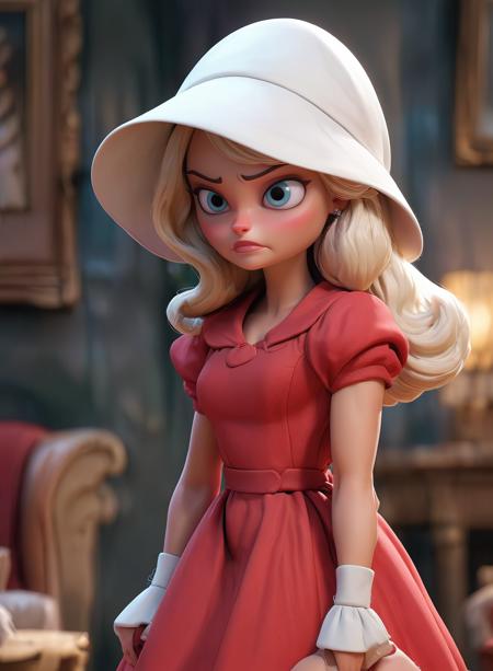 3D render, pixar, Cinematic scene, hero view, doll ,Margot Robbie dressed as Barbie, handmaid dressed in a (red cotton dress:1.1) and (white hat:1.1), handmaid style, absurdress, toy <lora:handmaidtale-000008:0.8> <lora:barbie:0.8> <lora:SamaritanEsdxl:1>