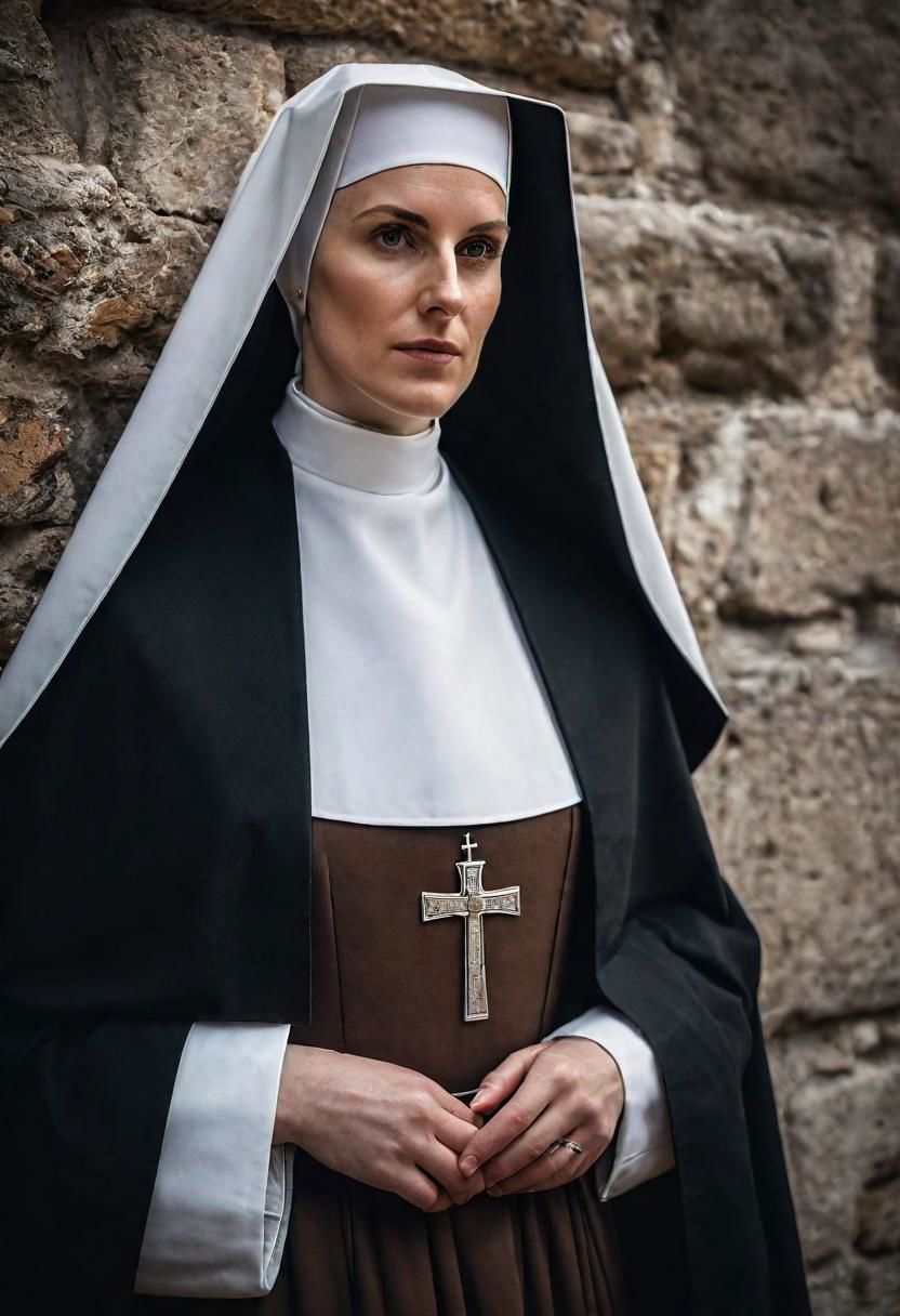 masterpiece, best quality, ultra highres, natural skin texture, brown hair, brown eyes, beautiful  30yo Nun of Monza (I Promessi Sposi), fierce expression, natural skin texture, ((1600's nun dress)), near a 1600 convent, Spring,  24mm, 8k textures, soft cinematic light, adobe lightroom, photolab, hdr, intricate, elegant, highly detailed, sharp focus, ((((cinematic look)))), soothing tones, insane details, intricate details, hyperdetailed, low contrast, soft cinematic light, dim colors, exposure blend, hdr, faded, full body, ((small eyes)), hyperealistic