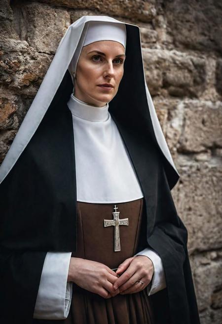 masterpiece, best quality, ultra highres, natural skin texture, brown hair, brown eyes, beautiful  30yo Nun of Monza (I Promessi Sposi), fierce expression, natural skin texture, ((1600's nun dress)), near a 1600 convent, Spring,  24mm, 8k textures, soft cinematic light, adobe lightroom, photolab, hdr, intricate, elegant, highly detailed, sharp focus, ((((cinematic look)))), soothing tones, insane details, intricate details, hyperdetailed, low contrast, soft cinematic light, dim colors, exposure blend, hdr, faded, full body, ((small eyes)), hyperealistic