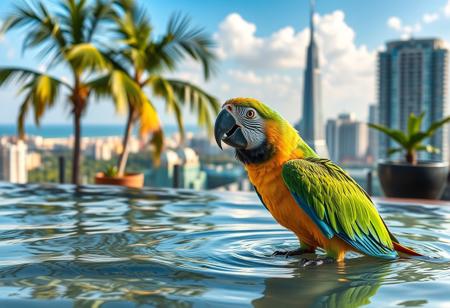 Happy parrot, playing in water,  drinking, thristy, daylight  penthouse, tropical city, morning, skyscraper, distant city,