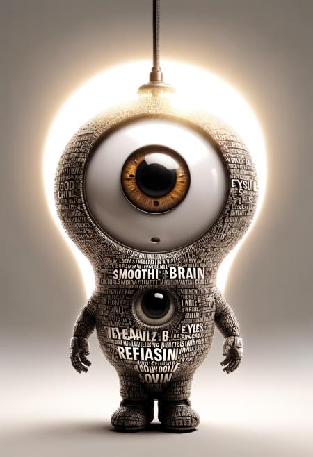 a lightbulb with eyes, hands on waist, light on, god rays, closeup cute and adorable, cute big circular reflective eyes, Pixar render, text logo "SMOOTH BRAIN"
<lora:dvr-txt:1>  dvr-txt