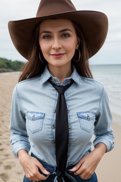 portrait,solo,outdoors,beach, (Buromskih Irina), photo of a middle aged woman, 55 year old women, medium breasts, hourglass figure, (jean) (shirt),outfit,(tie:1.5), (cowboy hat),happy,smirk,eye_focus, (freckles:0.8),(russian:0.2) <lora:Buromskih_Irina_bnhanlwx_V04_217k:1>