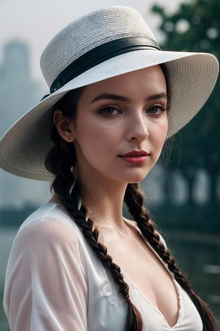JodieC_SoloTI_v1,
(Stills from the movie "L'amant"), ((wearing a white hat), (two braids), in a gray shirt, pink lips), (A steamy riverside in colonial Saigon, with the hum of cicadas and the haze of a hot afternoon, evocative atmosphere), (seductive:1.3),(analog, cinematic, film grain, hazy atmosphere, cinematic shot),
 <lora:add_detail:0.6>, PA7_Portrait-MCU,