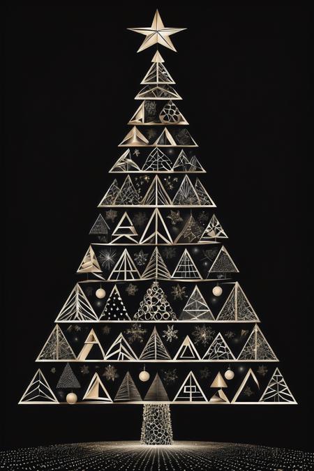 create a visually striking image of a (christmas tree) made of different geometric shapes like square,  circle,  triangle etc,  black background,  extremely high detailed,  superior high quality