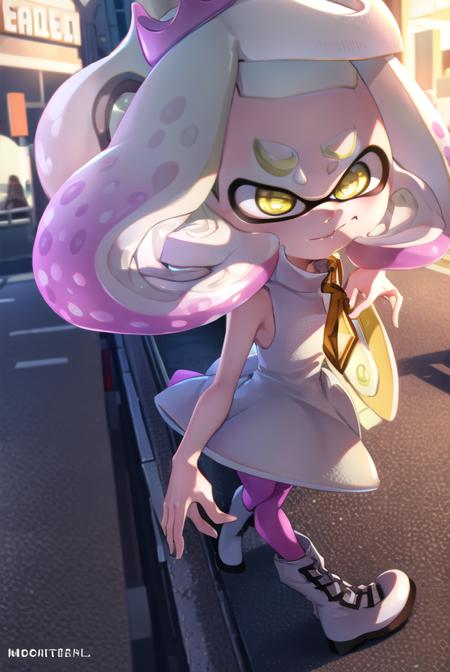 (pearl \(splatoon\):1.5), + +, short hair, (yellow eyes:1.5), pink hair, white hair, multicolored hair, pointy ears, mole, mole under mouth, two-tone hair, gradient hair, tentacle hair, thick eyebrows, dress, pantyhose, boots, sleeveless, white dress, sleeveless dress, white footwear, crown, zipper, zipper pull tab, pink pantyhose,