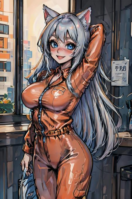 Masterpiece, best quality, intricate details, ultra detailed, 1girl, <lora:Nekumi-v1.0:0.7>, grey hair, long hair, blue eyes, smile, blush, animal ears, large breasts, (orange jumpsuit:1.3), prison,