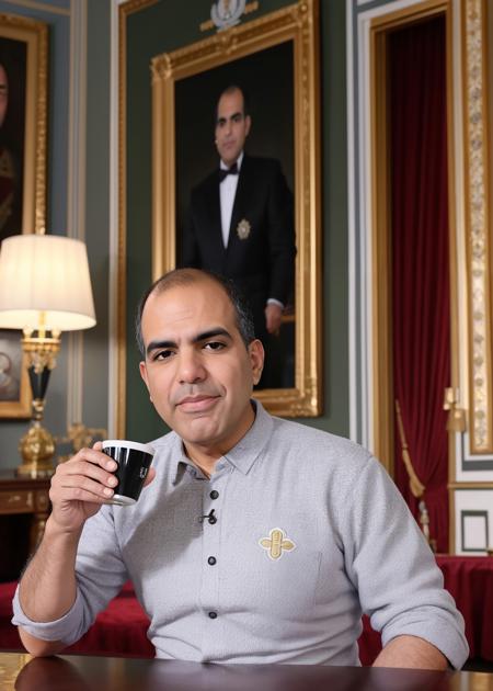 photo of [a bald man with a monobrow:ElectroBoom:0.3] drinking tea in the royal palace