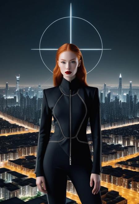 In center of the picture a woman holding up black circle in bold lines intersected by a thick lines, Gnostic symbol, symmetrical,
In the background: ((An enormous city sprawl with a city skyline reaching for the stars,
Aleph Tower, centre for the AI that rules the Human civilization, in a glittering city of glass and shining metal,
   bright sunlight under a pitch black sky.
twice five miles of urban sprawl,
in the front a mysterious woman, slick suit, long sleeves, long pants, reminiscent of old pin up models,( full body portrait:1.5), futuristic business fashion, secretive face, long ginger hair, flowing curls, pale skin, blushing, Freckles, red lipstick, slight smile, red shawl, proud)),  
Photographer Reuben Wu Style