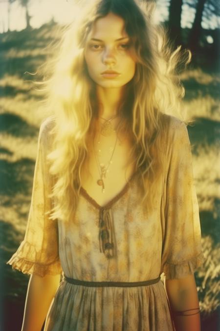 <lora:Marianna Rothen Style:1>Marianna Rothen Style - disposable film photograph of beautiful boho girl in dress in sunny at golden hour, Emphasize natural imperfections in the background and clothing to create a cohesive aesthetic