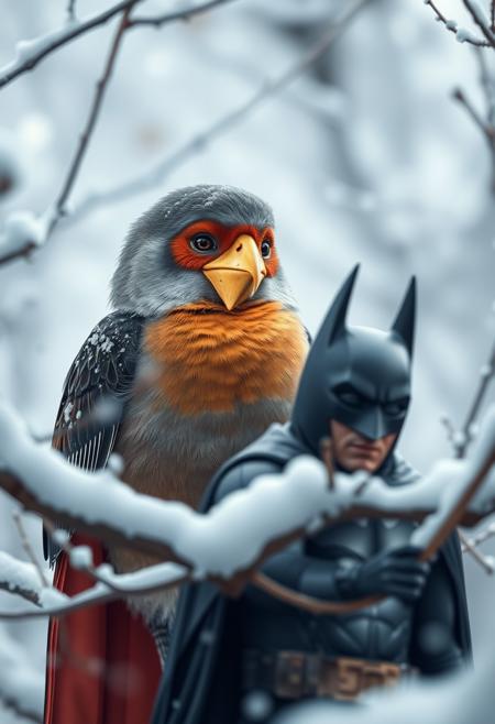 Robin the bird with tipical mask on the face in snowy tree, Batman like a mouse watch him