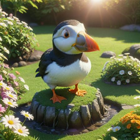 (designed by Johji Manabe:0.9) and (Leanne Surfleet:1.1) and (Takasaki Masaharu:1.2) , anime key visual, concept art, wide shot of a (Puffin:1.3) , it is very Radiant and Hateful, hyper detailed, garden and Daisies background, autumn roots with Carnation, at Sunrise, split diopter, Sketch, Frightening, Rococo, short lighting, 50mm, Offset print, Mandala, epic fantasy, Concept Art World, Pixabay
