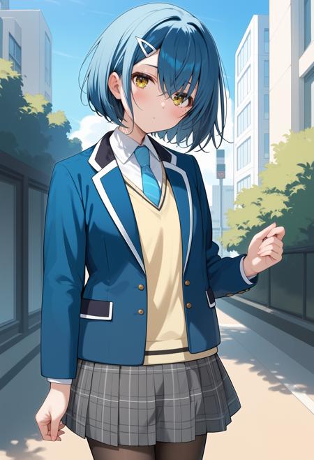 aayuuhi, short hair, blue hair, hair ornament, yellow eyes, mole under eye, school uniform, blue necktie, collared shirt, yellow sweater, blazer, blue jacket, open jacket, long sleeves, plaid skirt, grey skirt, black pantyhose