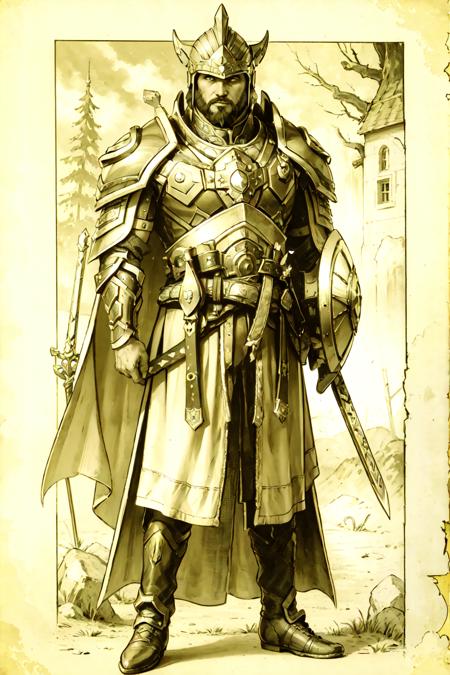 weapon, sword, solo, armor, 1boy, male focus, monochrome, yellow theme, shield, facial hair, helmet, beard, boots, cape, standing, full body, shoulder armor, sheath, pauldrons, holding weapon, full armor, holding sword, tabard, holding, robe <lora:sxz-slavic-fantasy:0.7>