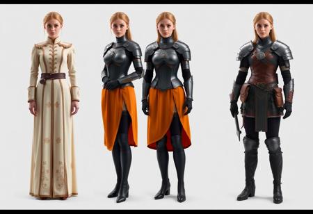 The image represents three variants of women's clothing, presumably uniforms or costumes for a fantasy film.
On the left: A formal uniform - a long cream-colored dress with gold embroidery and decorative elements.
In the center: An elite uniform - a combination of armor (cuirass, bracers) with an orange skirt that opens one leg.
On the right: The armor of an Elite warrior is a combination of a vest, shirt, trousers and high boots, complemented by belts, a bag and gloves.
All three clothing options are shown on the same female figure with the same hairstyle. There is no interaction between objects, no actions take place. Context is the presentation of various costume options, perhaps for a , movie. Photography studio style