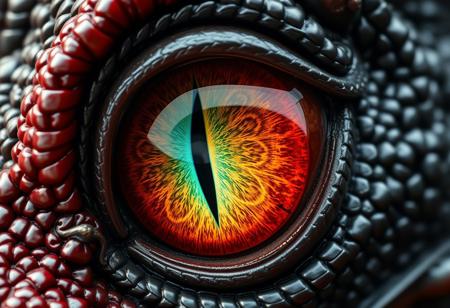 Extreme macro closeup of a massive dragon's head filling the entire frame. The focus is on the eye which is huge with a vertical slit pupil that reflects like polished obsidian. The iris displays vibrant rainbow colors - deep crimson at the inner ring transitioning through orange, golden yellow, emerald green, sapphire blue, and violet at the outer edge, with intricate crystalline patterns and ancient wisdom gleaming within. The eye's surface has a subtle reptilian texture with fine scales around the edges. The lighting should be dramatic with the iris colors casting prismatic reflections, and the overall mood should convey the awe-inspiring, terrifying scale of the dragon. Ultra-detailed, photorealistic rendering with shallow depth of field emphasizing the eye's immense size.