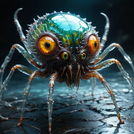 bioengineered glass spider monster, many legs, spindly legs, lots of eyes, (transparency:1.4), (detailed cybernetic implants fused with organic matter), visible organs, visible brain, full body, hundreds of tiny eyes,  (with intensely vibrant swirling colors:1.3), realistic photo,  artialien, looking at viewer