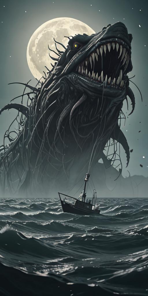 A boat is being pulled by a giant sea monster.