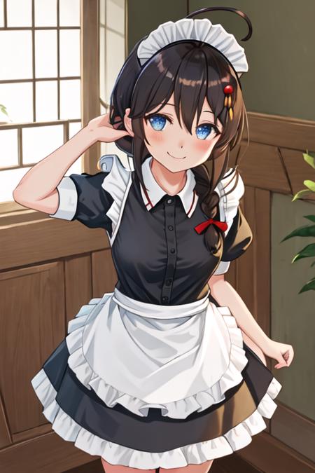 best quality, masterpiece, highres, solo, {maid:1.40}, {long maid dress:1.15}, {shigure_kantaicollection:1.15}, long_hair, blue_eyes, ahoge, hair_flaps, braid, single_braid, hair_ornament, brown_hair, blush, black_hair, smile, hair_between_eyes, breasts