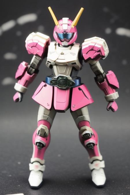 city ruin, explosion, mess, chaos, (heavy bag, gatling gun)(PoppyRider, pink footwear, pink gloves,boots blue eyes, bodysuit,heart helmet, belt,armor, mask, rider belt,boots) tank , negative_hand, Fixhand, mecha, absract art, tankhead, gundam, standing, pose, humanoid, tankhead, 4 legs, flying,