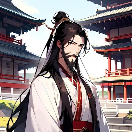 best quality,masterpiece,(1male,elder),very long hair,very long beard,hanfu,ffgufengdamoff,closed mouth,outdoor,east asian architecture,upper body,(blurry background:0.4),