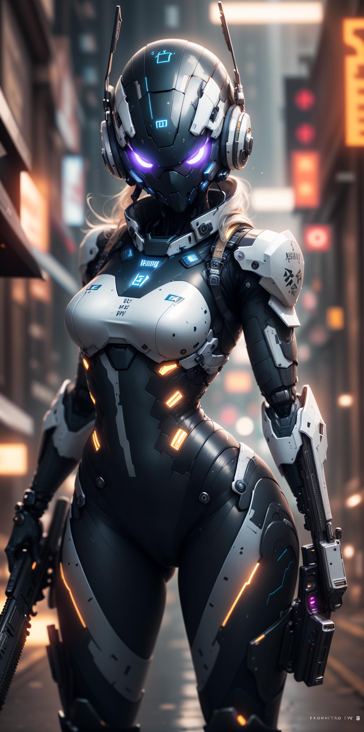A futuristic female cyborg in black and white suit with a gun.