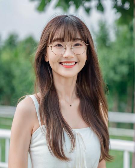 (best quality:1.4), (ultra highres:1.2), (photorealistic:1.4), (8k, RAW photo:1.2),(portrait shot:1.3), pinomyim, 1girl, solo, looking at viewer, bangs, brown hair, upper body, outdoors, blurry background, realistic, glasses, round eyewear, realistic, Perfect Hands, white dress, smile, long hair, <lora:neg4all_bdsqlsz_xl_V7:0.8>, <lora:Perfect Hands v2:0.8>, <lora:pinomyim-000050:0.5>