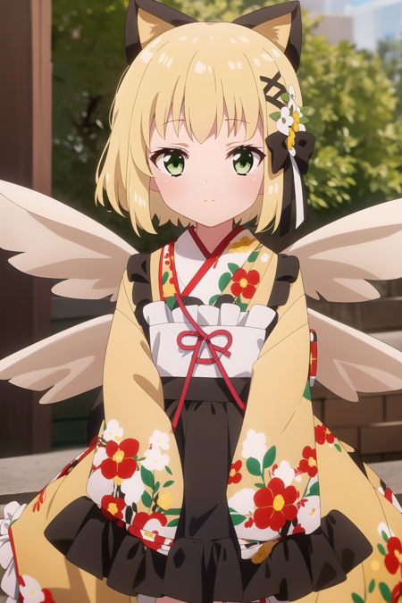 1girl, solo, looking at viewer, blush, short hair, bangs, blonde hair, hair ornament, long sleeves, bow, animal ears, closed mouth, green eyes, upper body, flower, hair bow, japanese clothes, wings, indoors, virtual youtuber, hair flower, kimono, bag, blurry, apron, sleeves past wrists, black bow, x hair ornament, white flower, white apron